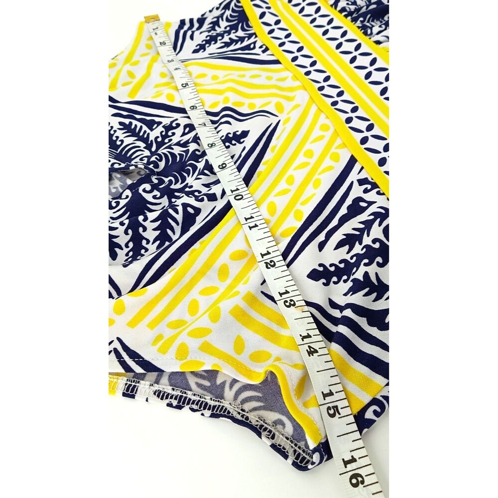 Coastal Mediterranean Halter Sheath Dress Blue Yellow Tile Print Preppy Resort 6 - Picture 8 of 11